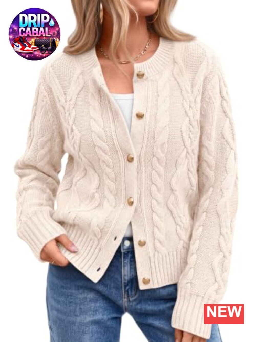 Cable Knit Cardigan Sweater Cotton Acrylic Long Sleeve Crew Neck Chunky